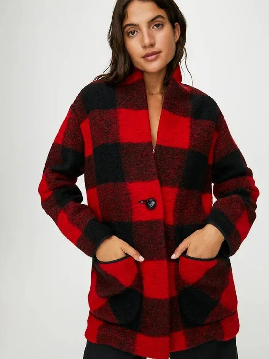 Aritzia WILFRED FREE Off Duty Red Black Check Wool Blend Cocoon Coat, Size S - Picture 13 of 16